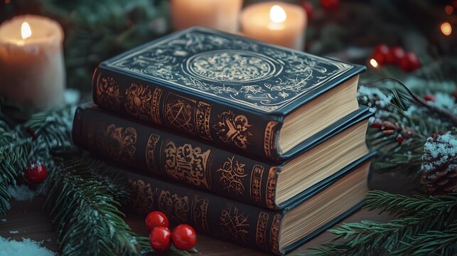 ancient magic christmas books with cryptic writings for a background