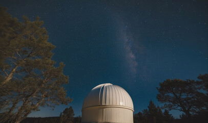 A white observatory dome sits under a starry night sky