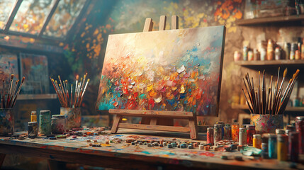 Fototapeta premium An artist's workspace filled with brushes, paint tubes, and a canvas in progress, capturing the creative process.