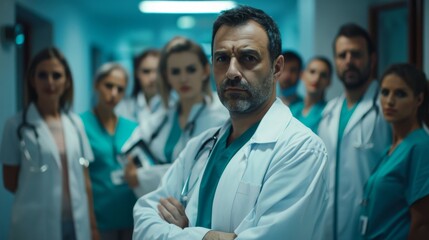 Fototapeta premium A steadfast team of doctors stands united in a dimly lit hospital hallway, led by a determined physician in the foreground, embodying strength and resolve.