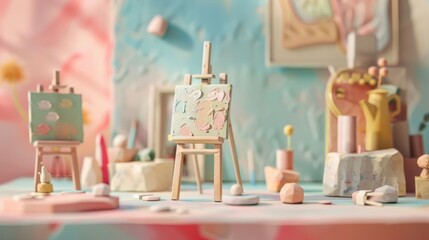 Miniature art easel with abstract paint on canvas.