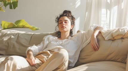 Obraz premium A woman relaxing on a cozy couch in a sunlit room with natural decor and plants, evoking a serene and peaceful ambiance.