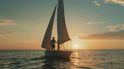 A lone sailor standing on a sailboat, silhouetted against a golden sunset on the horizon, encapsulating a sense of solitude and adventure.