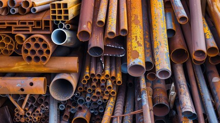 A pile of rusty, industrial pipes in varying shapes and sizes stacked together in a scrap yard.