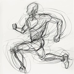 outline of a marathon runner running toward the viewer filled in with scribbles. Continuous line drawing.