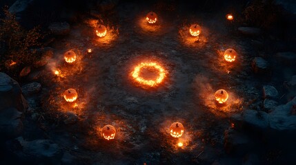 illustration, Aerial shot of a mystical Halloween ritual circle, with glowing orange runes, flickering candles