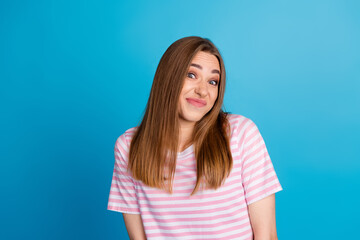 Photo of adorable cute woman wear trendy pink clothes oops mistake isolated on blue color background