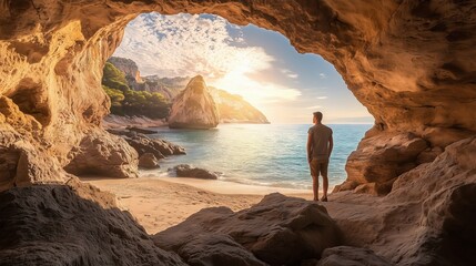 A man stands in Cueva de los Arcos, gazing at Cala Moraig beach, surrounded by golden sunlight.