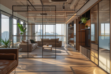 Interior of modern living room with panoramic window and city view

