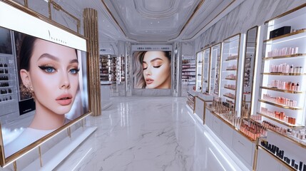 A modern beauty store showcases elegant displays, featuring large visuals of beauty products and neatly organized shelves filled with cosmetics.