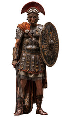 Fototapeta premium Roman centurion with elaborate helmet, shield, and sword. Heavily armored warrior in battle stance. Intricate metalwork on chest plate and shield. Red plume atop helmet. Cutout character