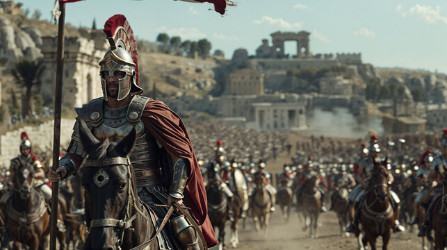 Roman centurion on horseback leading cavalry charge. Armored soldiers with red plumes and capes with an ancient city walls, temples and buildings in the background for a wallpaper