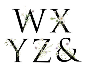 Floral alphabet, letters set W, X, Y, Z, & with watercolor wild flowers bouquets. Perfectly for wedding invitations, greeting card, logo, poster and other design.	