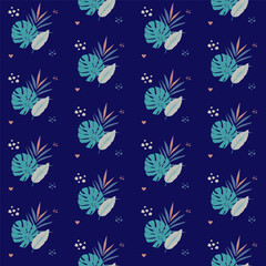 Seamless vector bright tropical monstera, dieffenbachia and palm leaves pattern.
