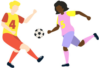 Soccer players kicking ball characters boy and girl, flat cartoon vector illustration isolated on white background. Soccer or football game players collection.