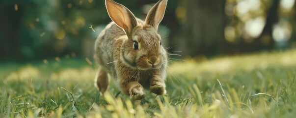 A cute rabbit jumping energetically in a sunlit field with leaves scattered around, capturing the joy and freedom of wildlife in nature