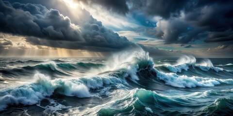 Fototapeta premium Harsh seascape with raging ocean and steam , rough, turbulent, waves, stormy, dramatic, intense, powerful, sea, water, mist