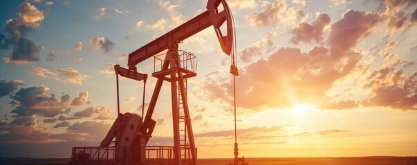 Oil pumpjack working in an open field extracting crude oil under a dramatic sunset sky, highlighting the fossil fuel industry and energy production..
