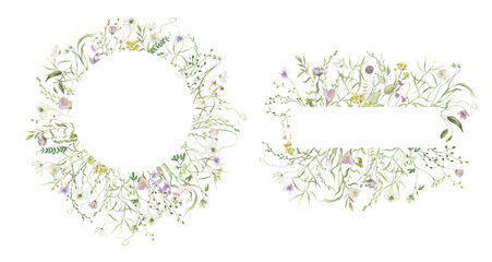 Watercolor Midsummer invitations frames with hand painted delicate  leaves, violet  flowers. Romantic floral frames  perfect for wedding greeting cards, invitation.