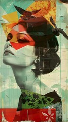 Abstract Collage Portrait of a Woman with Birds