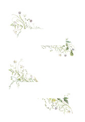 Watercolor Midsummer invitations frames with hand painted delicate leaves, pink flowers. Romantic wild flowers frames perfect for wedding greeting cards, invitation. 