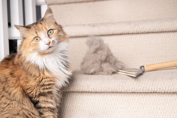 Funny cat with carpet brush and lint pile on stairs. Cat siting next to metal rake and hair ball...