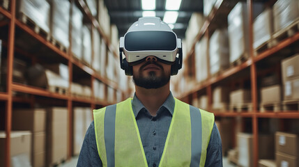 Man Utilizing VR Technology in Warehouse for Modern Logistics and Inventory Management