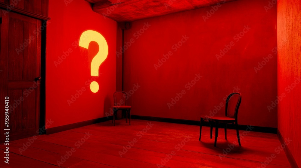 Poster a mysterious red room with a single chair and a question mark projected on the wall. the vivid color