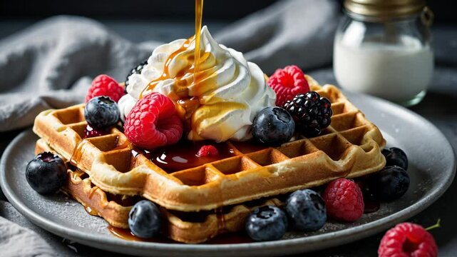 Video footage of  stack of waffles topped with whipped cream,late is placed on a dark surface, and there&rsquo;s a jar with a white substance