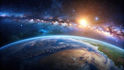 Fototapeta premium Panorama of Earth on the edge of a distant galaxy, showcasing our place in the universe, Earth, galaxy, universe, distant, panoramic