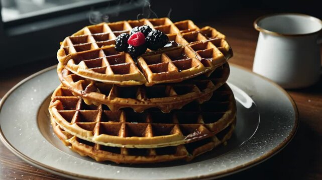 Video footage of stack of waffles topped with a dollop of cream and a single strawberry, placed on a plate