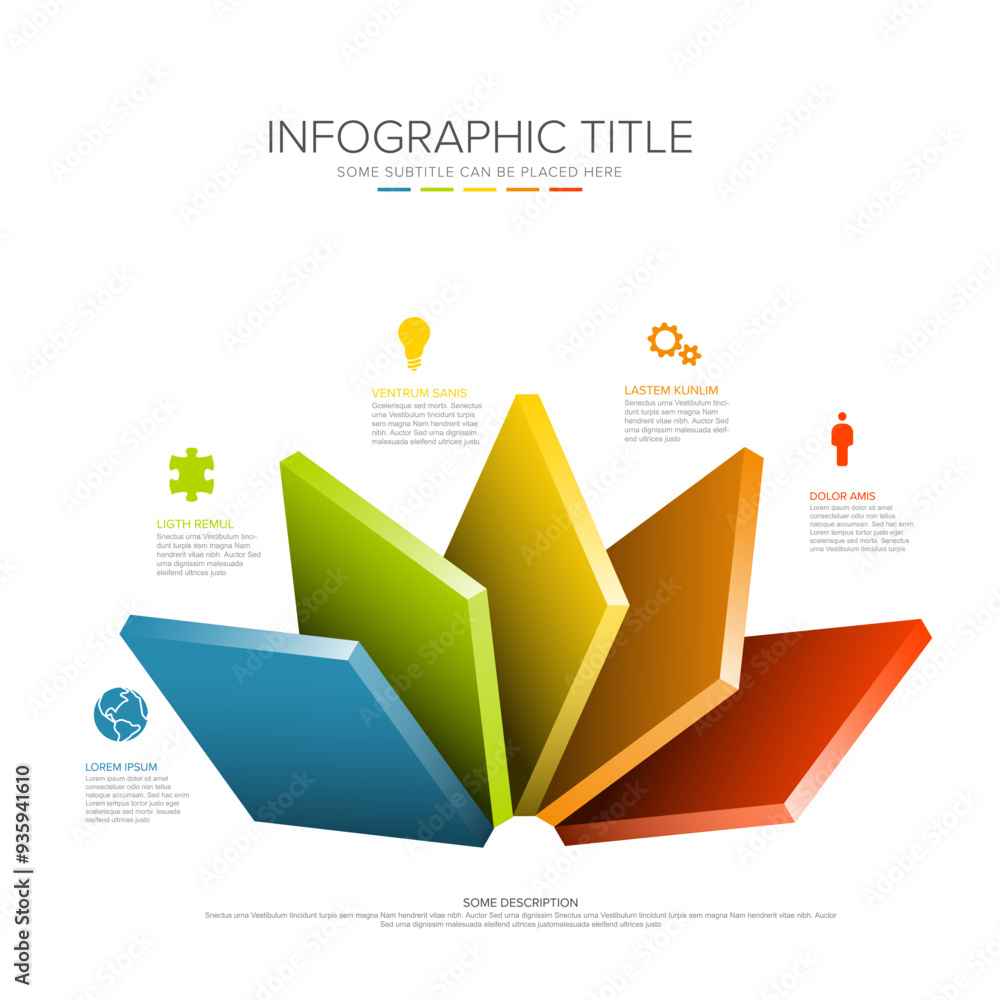 Poster infographic template with five rainbow desk levels on white background. square blocks with icons and