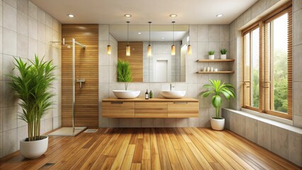 Fototapeta premium Minimalist bathroom with eco-friendly materials such as bamboo flooring, reclaimed wood vanity