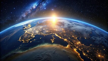 Naklejka premium A stunning view of Earth at night from space, Earth, night, view, space, planet, globe, lights, city lights, stars