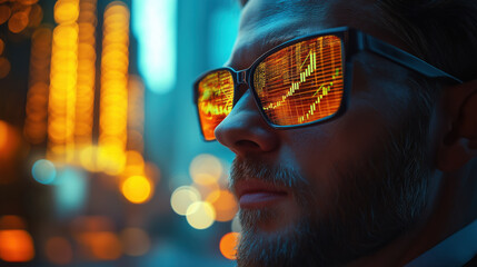 Urban Reflections Businessman's Glasses Mirroring City Lights and Data Charts