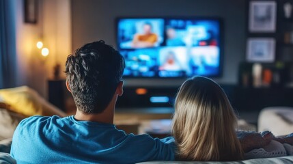A couple relaxes on their couch, watching multiple shows on a large screen in their stylish living room during a quiet evening
