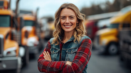 Confident Woman Truck Driver Standing Proudly with Crossed Arms in Front of Fleet