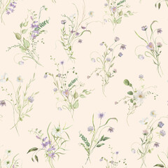 Seamless pattern with hand painted watercolor flowers. Delicate design for Summer textile design, scrapbook paper, decorations. Floral seamless pattern. 