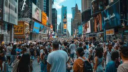 Obraz premium A large crowd moves through a busy city area, surrounded by towering skyscrapers and bright advertising displays, enjoying a sunny day filled with activity