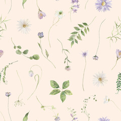 Seamless pattern with hand painted watercolor flowers. Delicate design for Summer textile design, scrapbook paper, decorations. Floral seamless pattern. 
