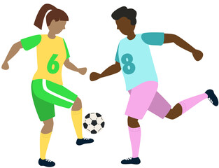 Soccer players kicking ball character girl and black boy, flat cartoon vector illustration isolated on white background. Soccer or football game players collection.