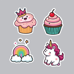 Cute cartoon unicorn stickers collection in hand drawn style, vector illustration