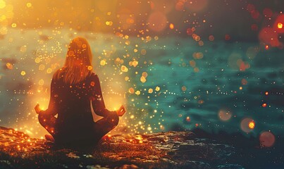 Obraz premium woman doing yoga in front of giant human silhouette with universe