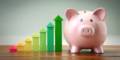 Energy efficient piggy bank with rating arrows from A to G, piggy bank, energy efficiency, rating, arrows, savings
