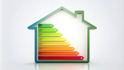 Perspective view of energy efficiency rating arrows from A to G in a house shape, energy efficiency