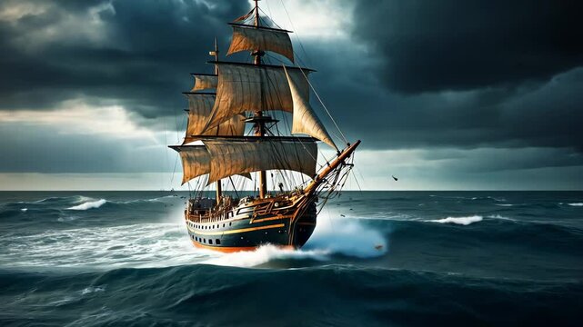 Video footage of  large sailing ship at sea during stormy weather, sky is overcast with dark clouds, and the sea is choppy with waves