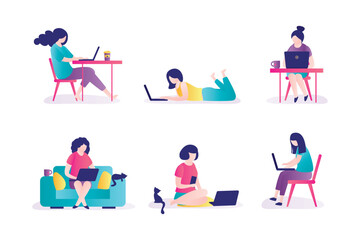 Set of female characters in various poses, working process in office or home workplace. Businesswoman working on computer or laptop. Freelancers remote homeworking occupation.