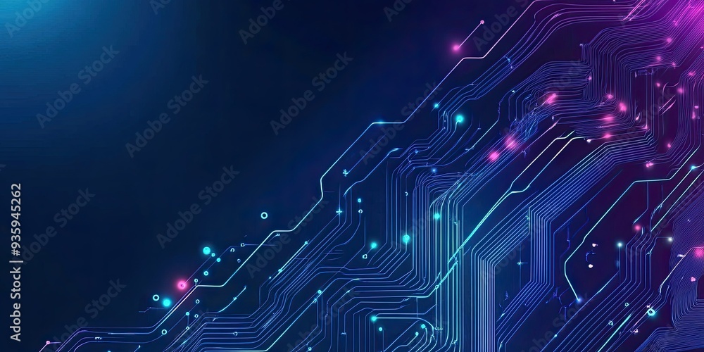 Poster abstract hi-tech look with curved and circuit patterns on blue background