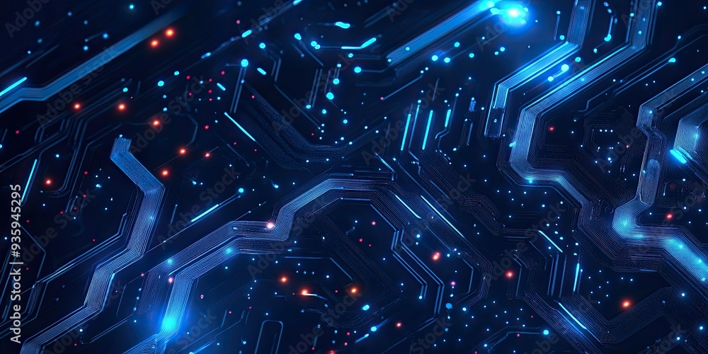 Poster abstract hi-tech look with curved and circuit patterns on blue background