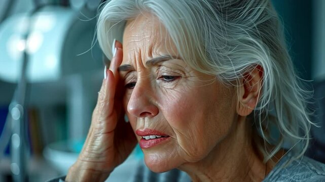 Anxious toothache pains afflict the elderly, grey-haired woman during her workday.